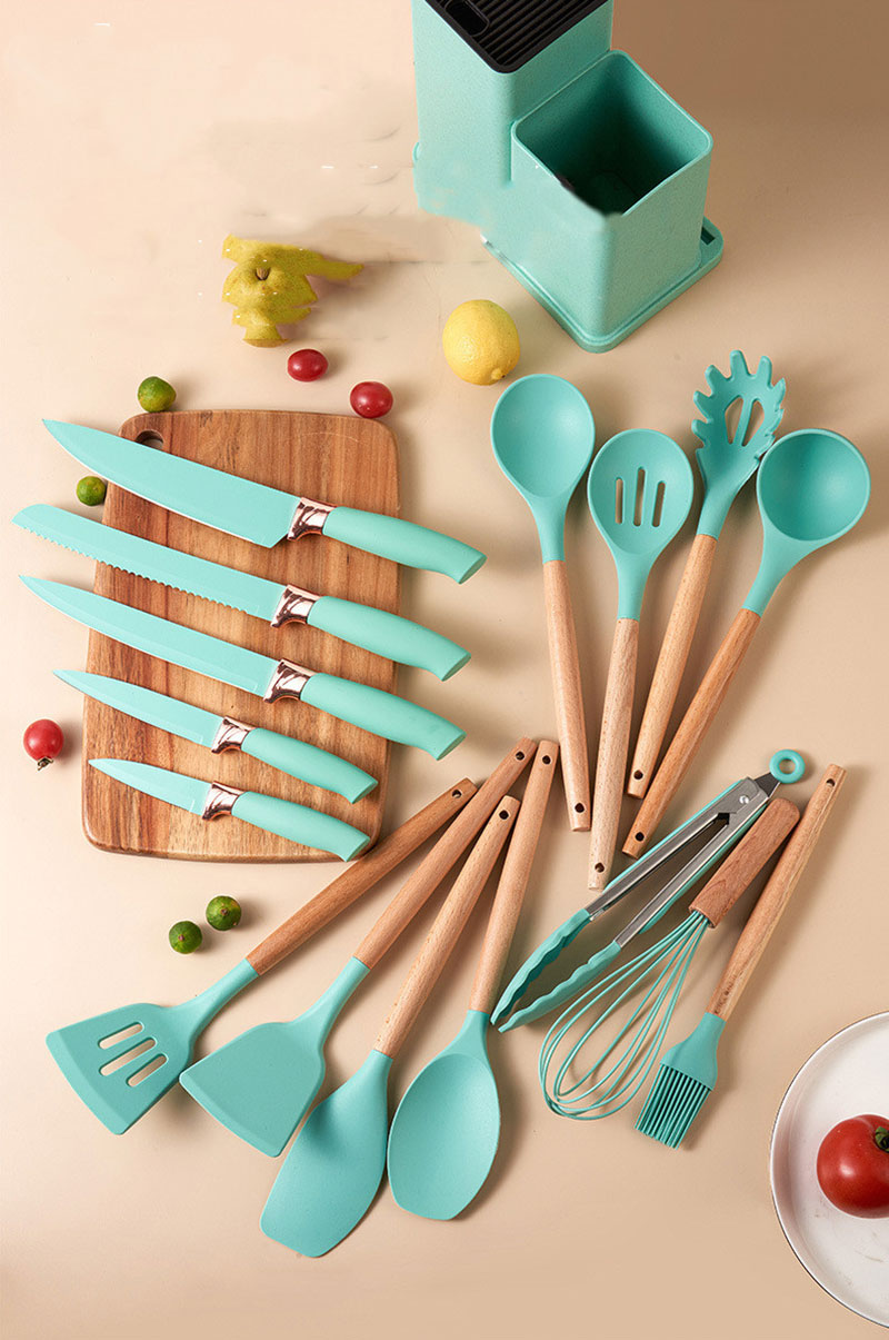 19-Piece Silicone Kitchen Utensil Set with Storage Bucket and Knives